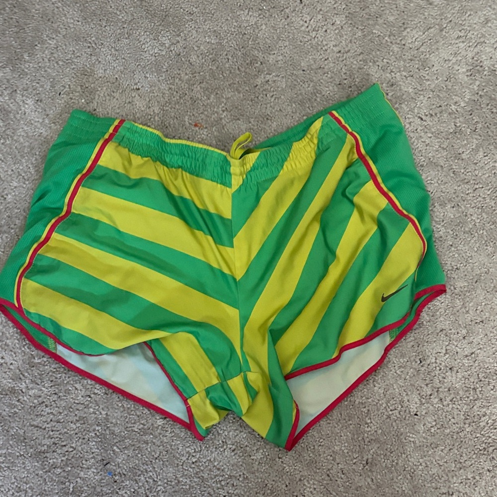 Green and Yellow Striped Athletic Shorts with Pink Trim